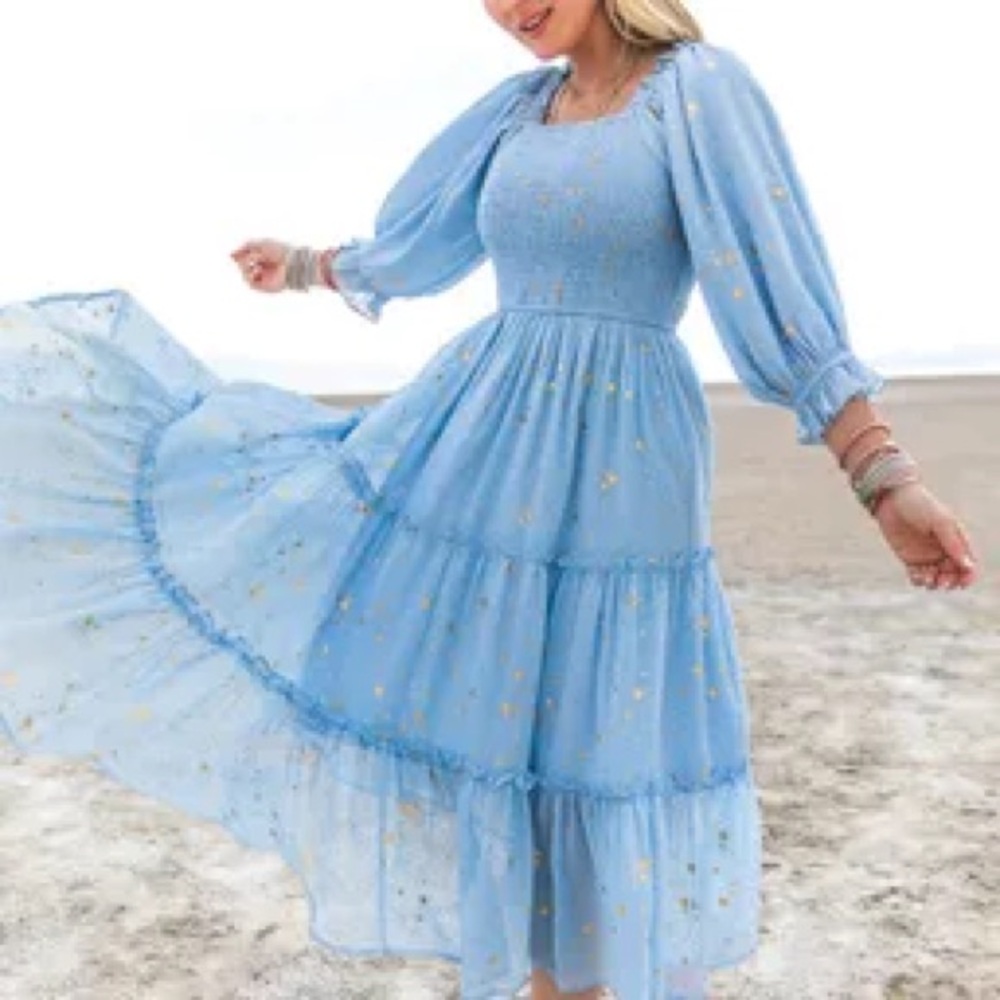 Ivy City Co. Starry Nights Light Baby Blue and Gold Dress, Size Small - Picture 1 of 6